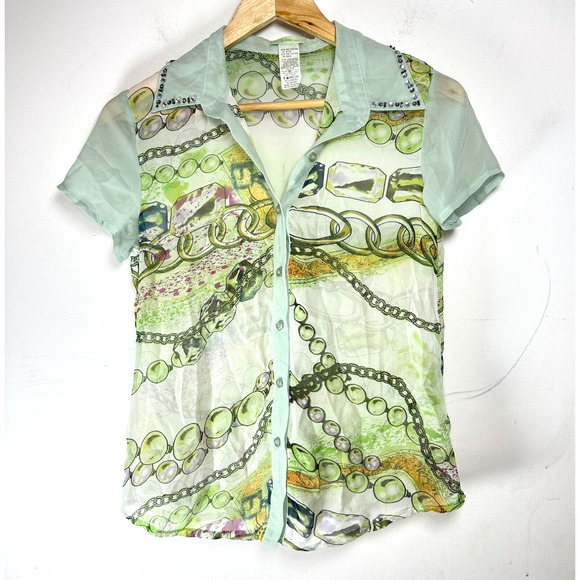 Vintage 90's Y2K Feline silk blend sheer button top green button up collar Small - Picture 1 of 13